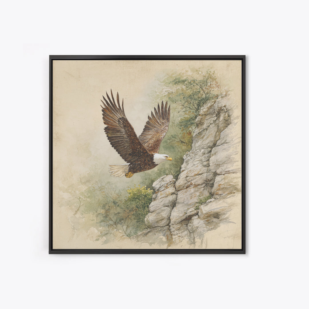 Eagle Soaring Above Rocky Cliffs Canvas Print, Wildlife Art, Bird Wall Art, Living Room Decor, Oil Painting, Wild, Luxury Decor, WIL-1x1-54