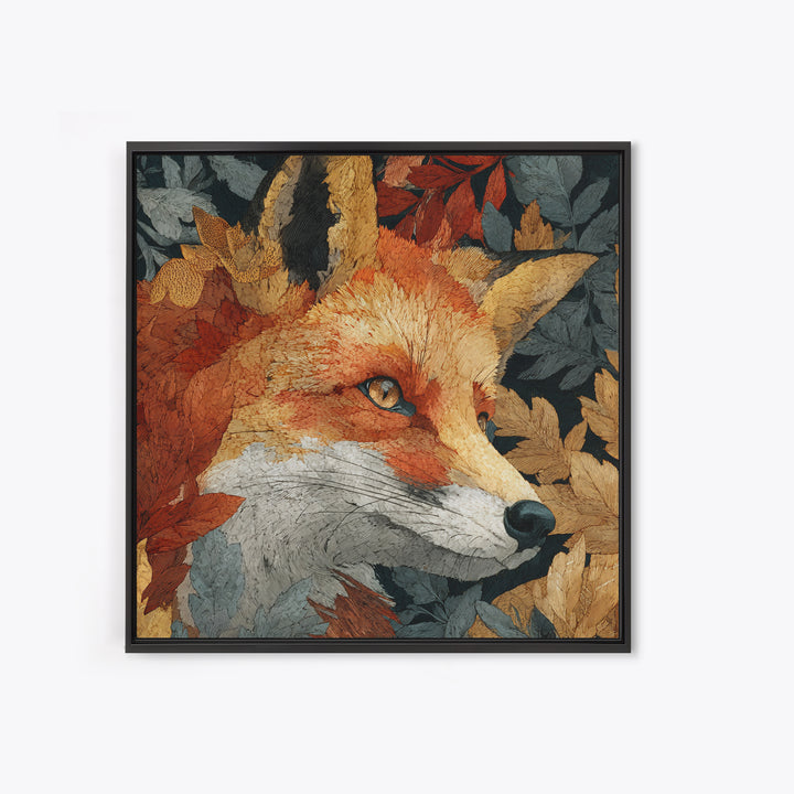 Fox in Autumn Forest Leaves Framed Canvas Print, Wildlife Art, Statement Artwork, Living Room Decor, Fine Art, Wild, Wall Decor, WIL-1x1-57