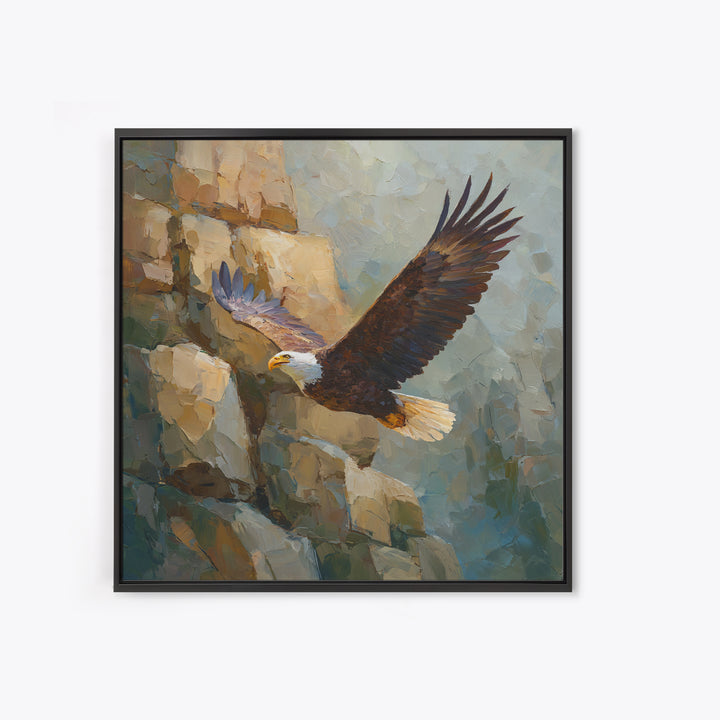 Eagle Soaring Above Rocky Cliffs Framed Canvas Print, Wildlife Art, Modern Art, Living Room Decor, Watercolor Art, Wild, WIL-1x1-6