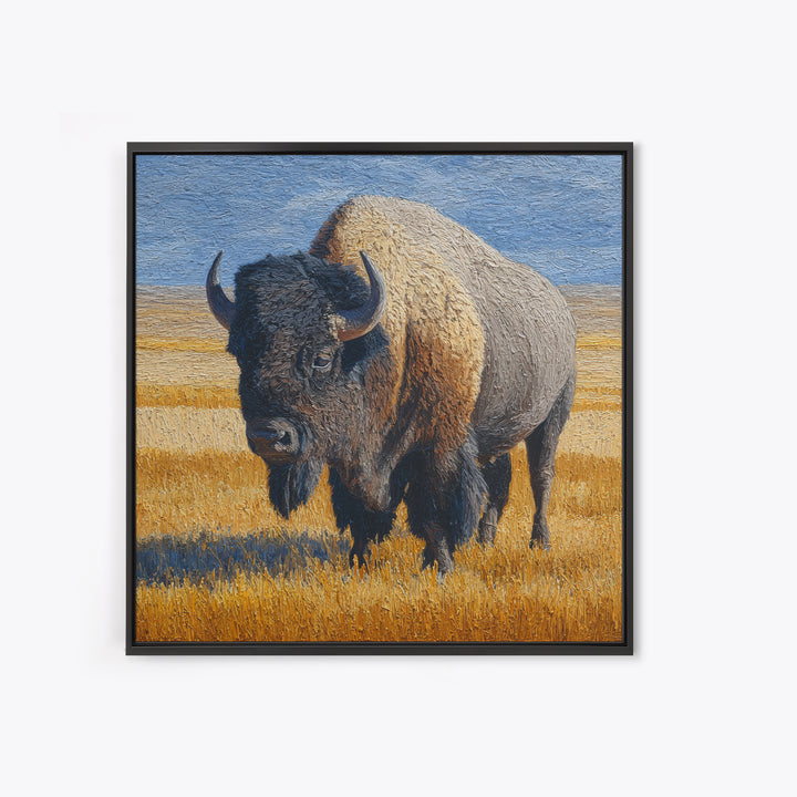 Bison on Wide Western Prairie Framed Canvas Print, Wildlife Art, Original Artwork, Living Room Decor, Oil Painting, Wild, WIL-1x1-61