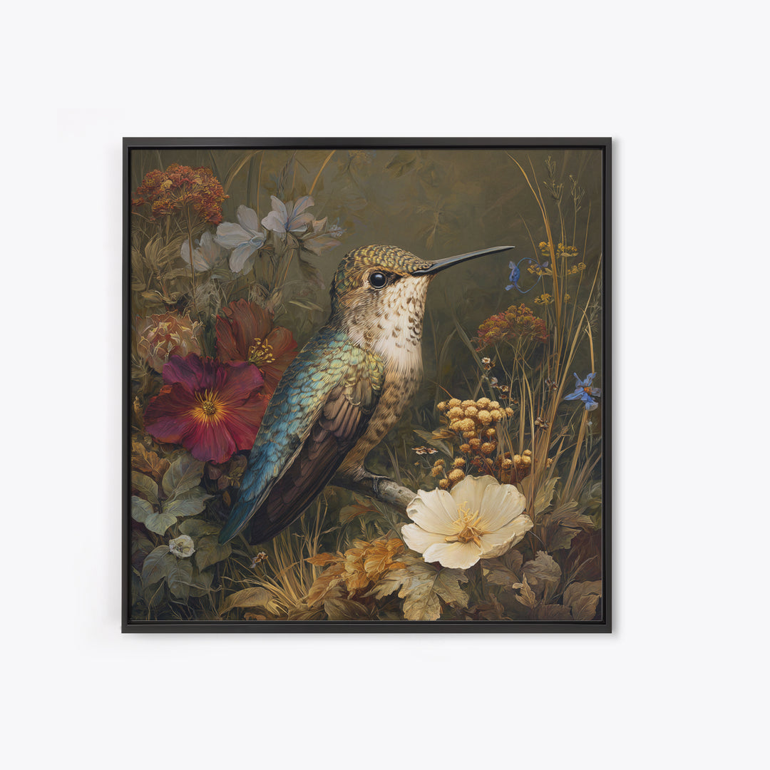 Hummingbird Beside Bright Flowers Framed Canvas Print, Wildlife Art, Bird Art, Living Room Decor, Watercolor Art, Wild, WIL-1x1-64