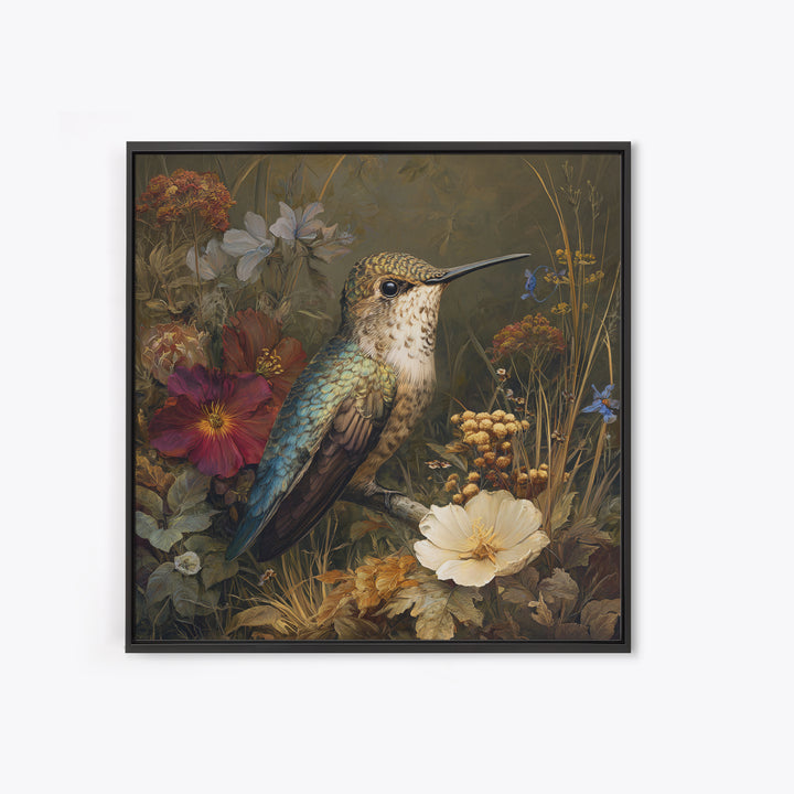 Hummingbird Beside Bright Flowers Framed Canvas Print, Wildlife Art, Bird Art, Living Room Decor, Watercolor Art, Wild, WIL-1x1-64