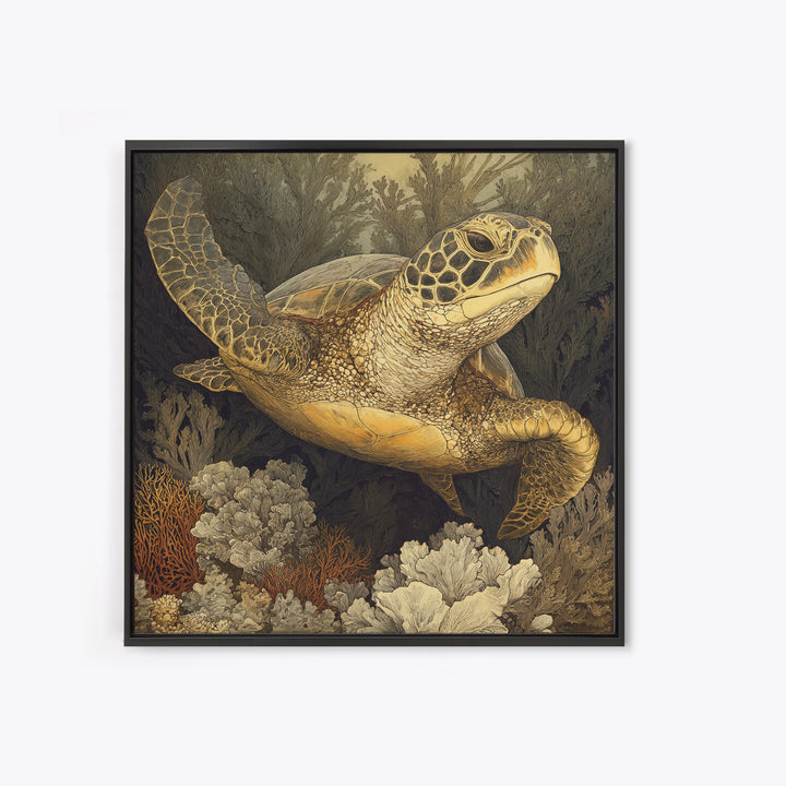 Sea Turtle over Coral Reef Framed Canvas Print, Wildlife Art, Digital Download Art, Living Room Decor, Abstract Art, Wild, WIL-1x1-66