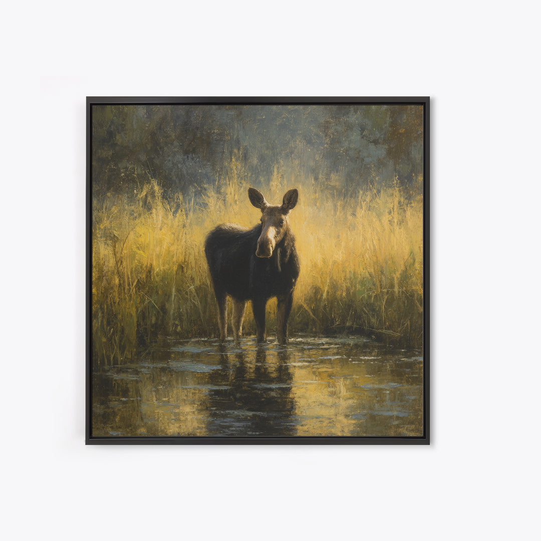 Moose Standing in Reflective Lake Framed Canvas Print, Wildlife Art, Gallery Decor, Living Room Decor, Fine Art, Wild, WIL-1x1-67