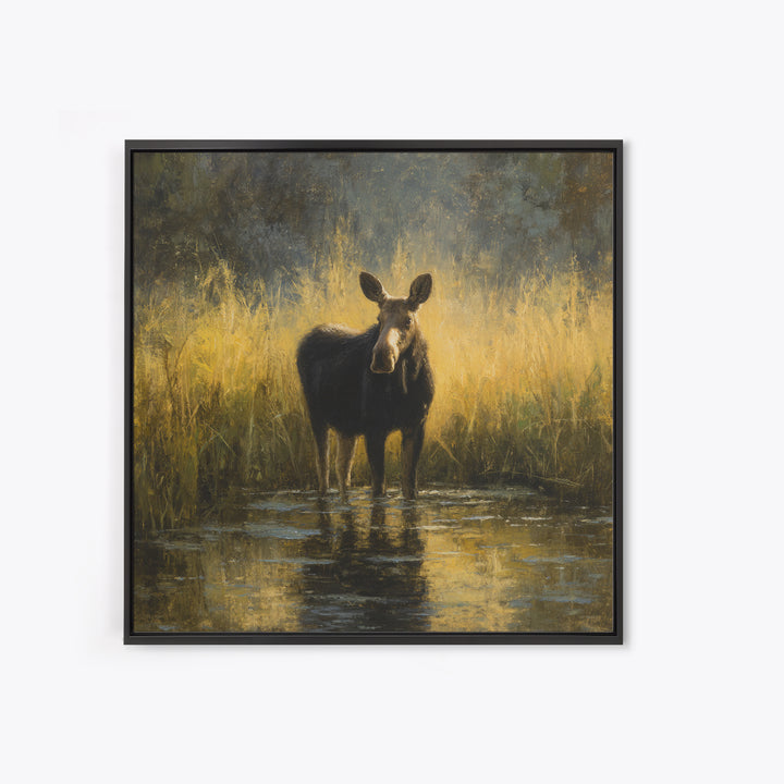 Moose Standing in Reflective Lake Framed Canvas Print, Wildlife Art, Gallery Decor, Living Room Decor, Fine Art, Wild, WIL-1x1-67
