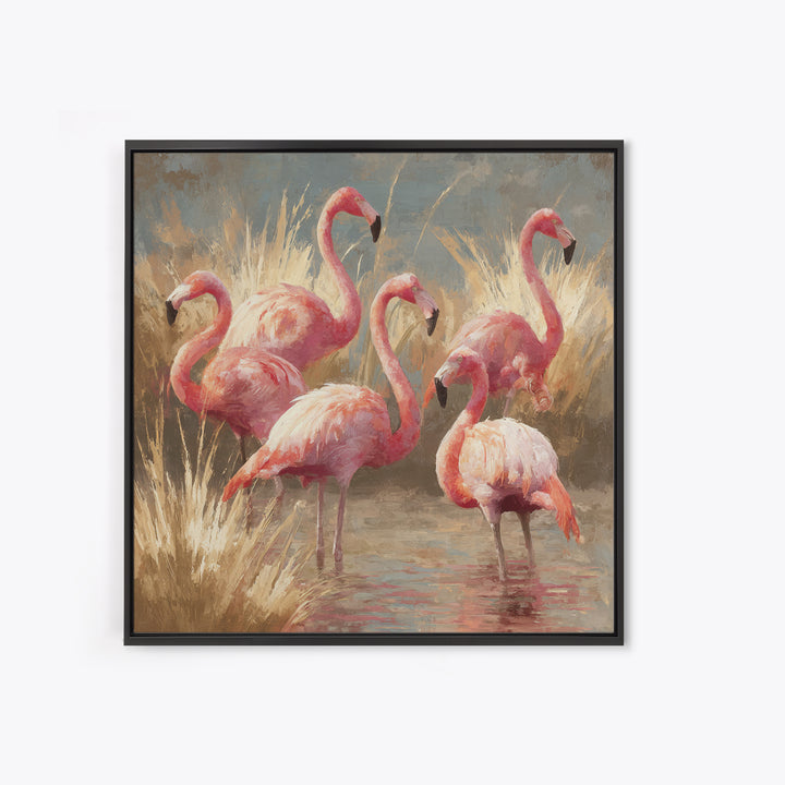 Flamingos in Pink Shallow Water Framed Canvas Print, Wildlife Art, Living Room Art, Living Room Decor, Fine Art, Wild, WIL-1x1-70