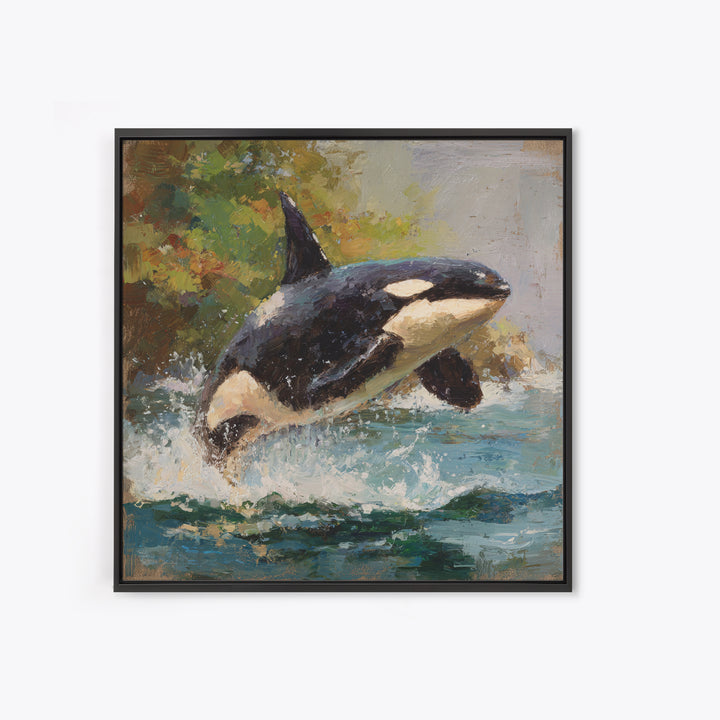 Orca Breaching in Cold Ocean Framed Canvas Print, Wildlife Art, Nature Wall Art, Living Room Decor, Fine Art, Wild, Art Print, WIL-1x1-71