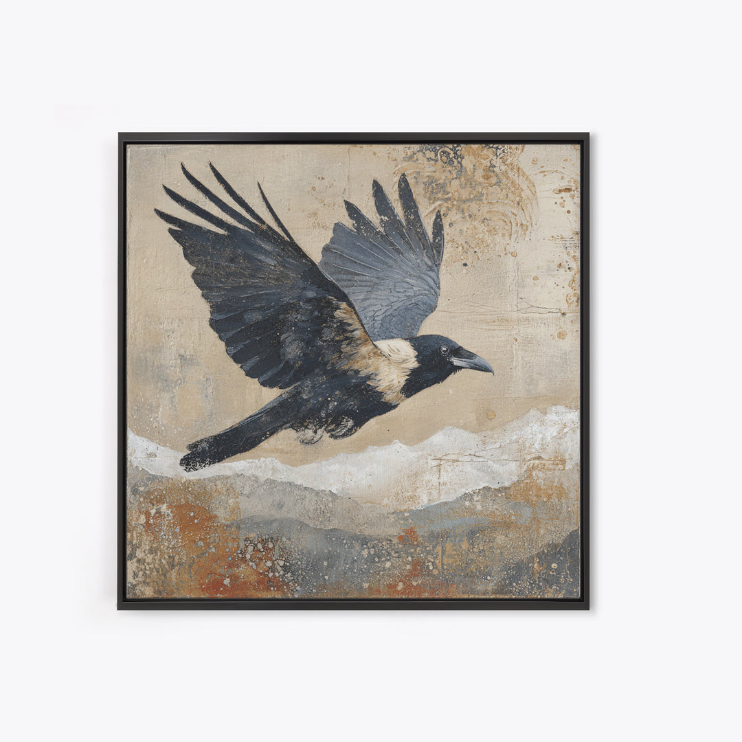Raven Flying Through Snowy Mountains Framed Canvas Print, Wildlife Art, Bird Wall Art, Living Room Decor, Fine Art, Wild, WIL-1x1-72