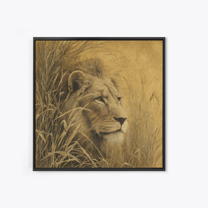 Lion Emerging from Golden Savanna Grass Framed Canvas Print, Wildlife Art, Art Print, Living Room Decor, Watercolor Art, Wild, WIL-1x1-73