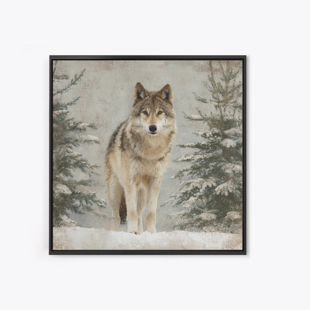 Wolf Standing Beneath Snowy Pine Trees Canvas Print, Wildlife Art, Modern Decor, Living Room Decor, Fine Art, Wild, Home Decor, WIL-1x1-75