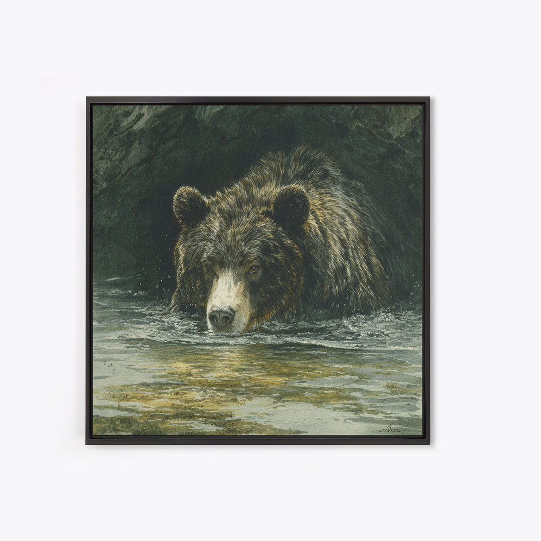 Bear Fishing in Rushing Mountain River Canvas Print, Wildlife Art, Canvas Painting, Living Room Decor, Fine Art, Wild, WIL-1x1-76