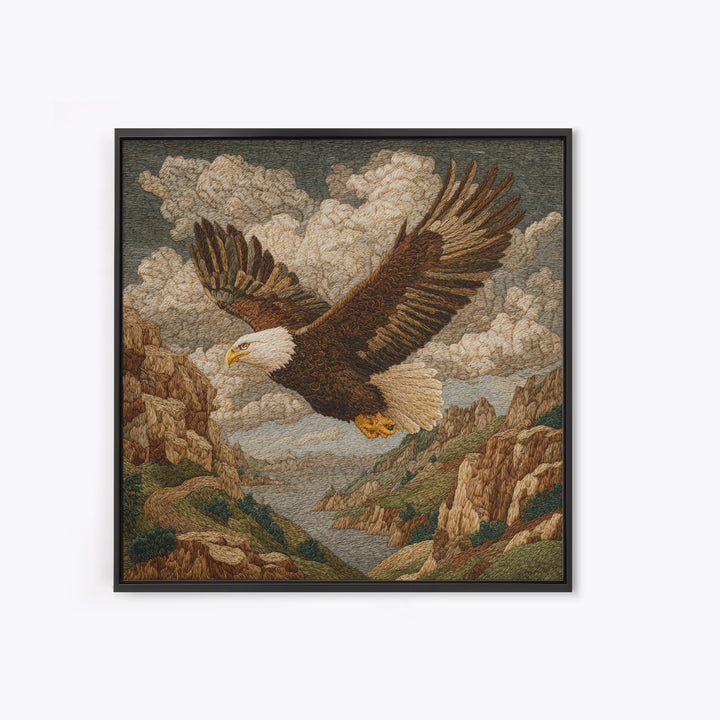 Eagle Soaring Above Rocky Cliffs Framed Canvas Print, Wildlife Art, Gallery Decor, Living Room Decor, Fine Art, Wild, WIL-1x1-78