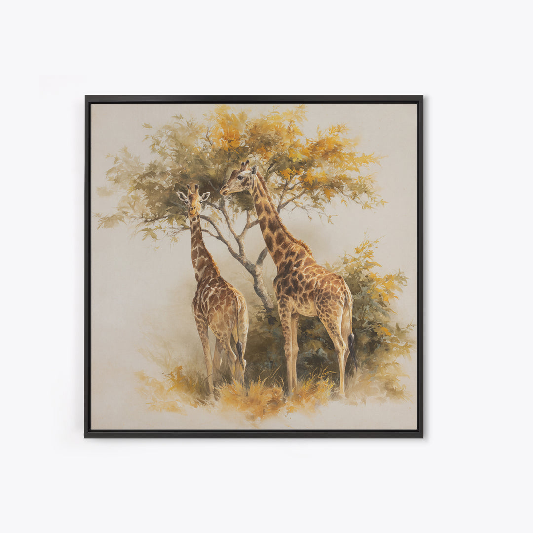 Giraffe Pair under Acacia Tree Framed Canvas Print, Wildlife Art, Fine Art Print, Living Room Decor, Oil Painting, Wild, WIL-1x1-79