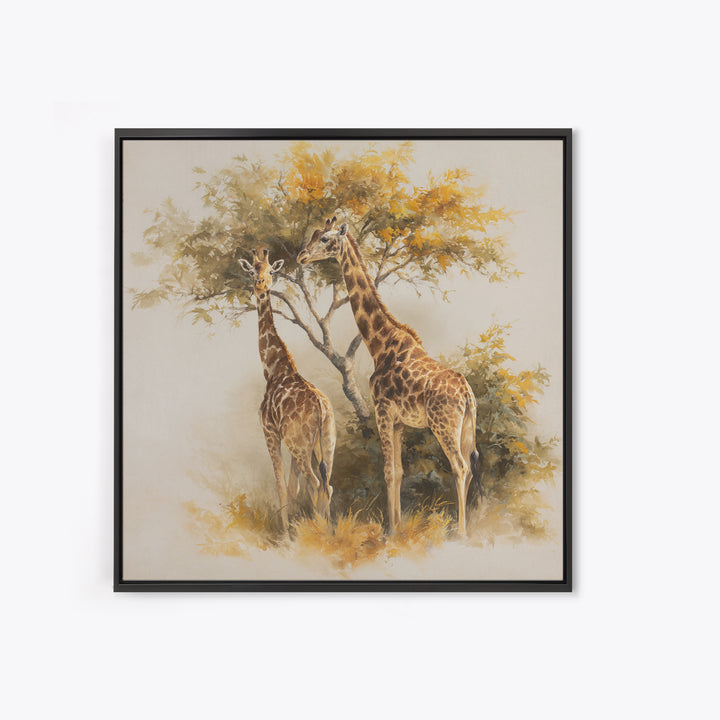 Giraffe Pair under Acacia Tree Framed Canvas Print, Wildlife Art, Fine Art Print, Living Room Decor, Oil Painting, Wild, WIL-1x1-79