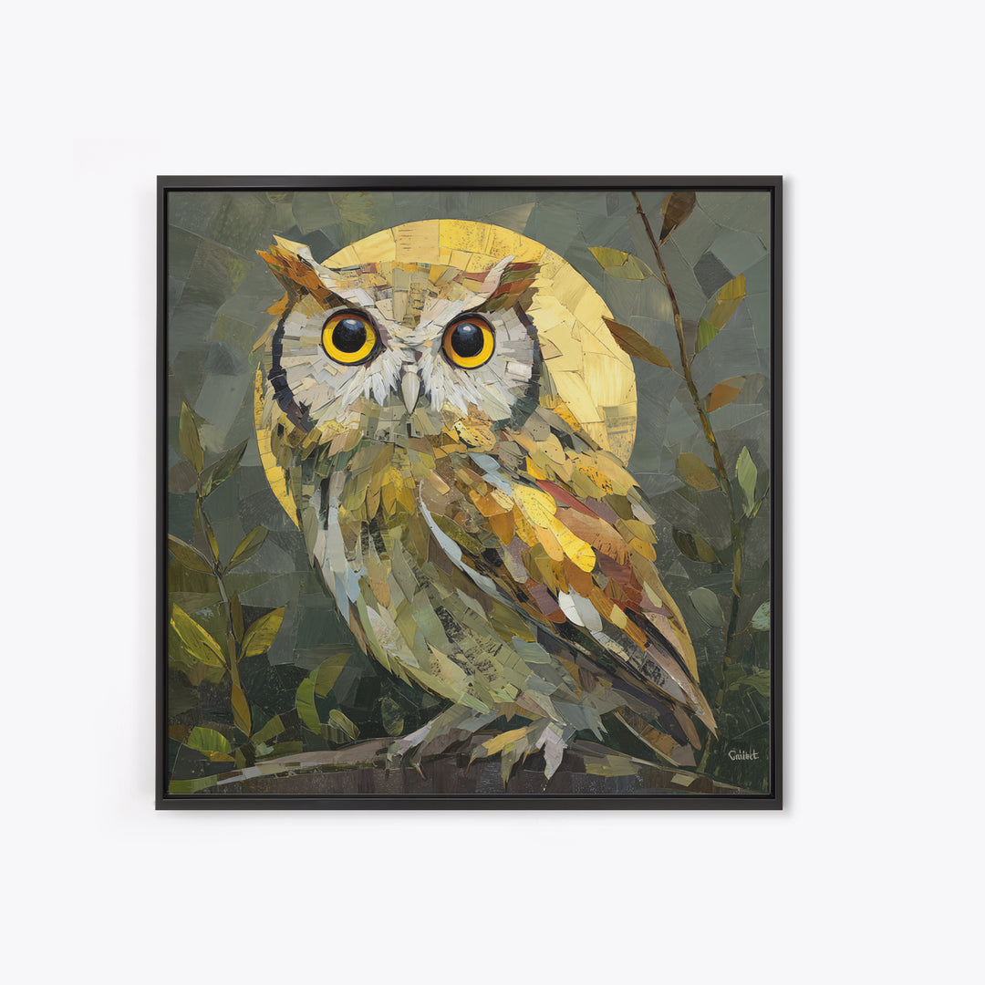 Owl Perched in Moonlit Woodland Framed Canvas Print, Wildlife Art, Nature Wall Art, Living Room Decor, Abstract Art, Wild, WIL-1x1-84