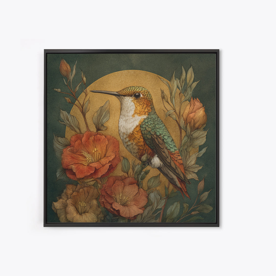Hummingbird Beside Bright Flowers Framed Canvas Print, Wildlife Art, Textured Painting, Living Room Decor, Oil Painting, Wild, WIL-1x1-88