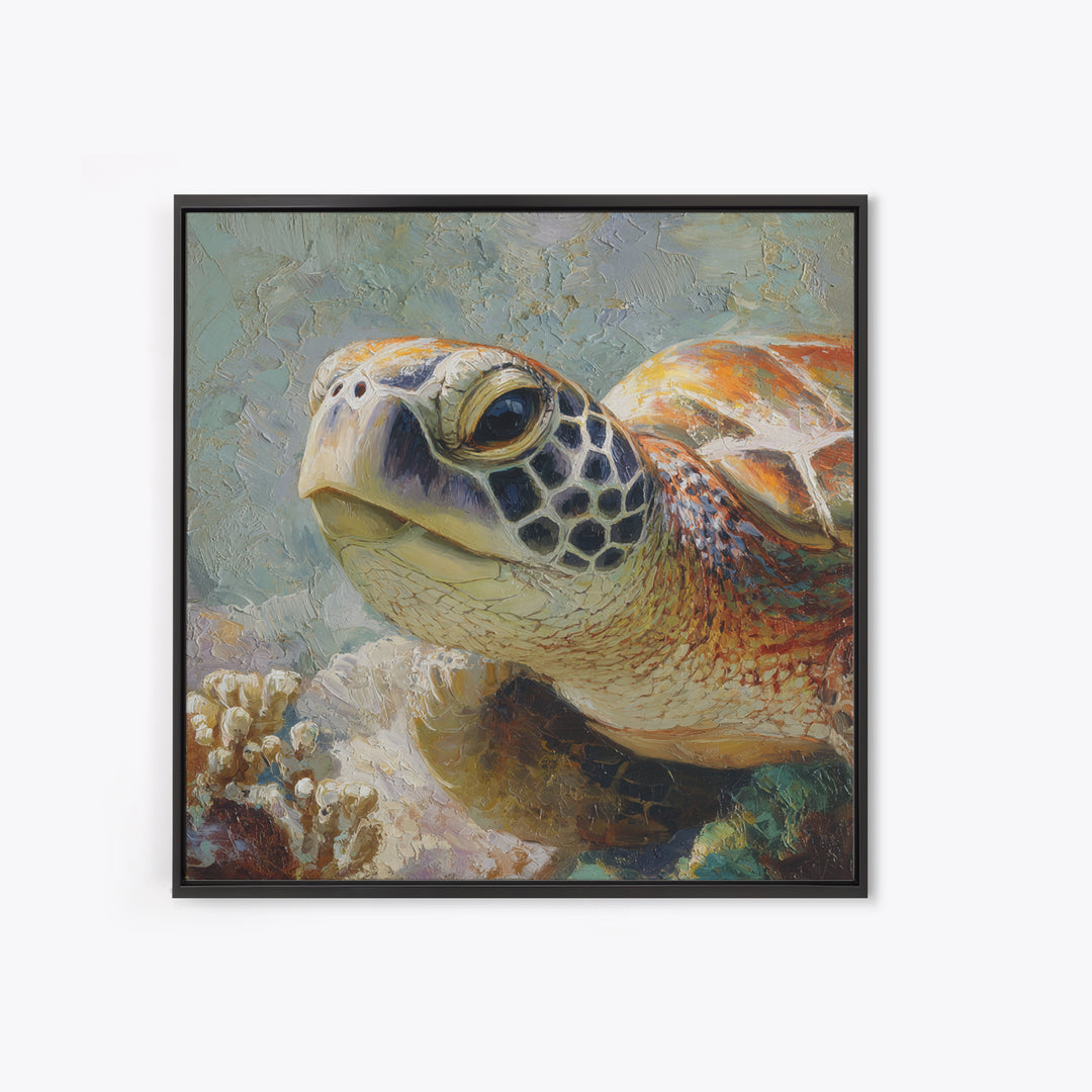 Sea Turtle over Coral Reef Canvas Print, Wildlife Art, Forest Wall Art, Living Room Decor, Fine Art, Wild, Textured Painting, WIL-1x1-90