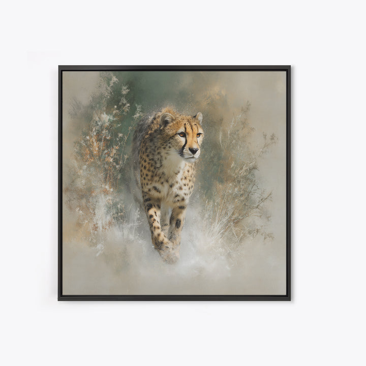 Cheetah Running Through Warm Dust Framed Canvas Print, Wildlife Art, Luxury Decor, Living Room Decor, Oil Painting, Wild, WIL-1x1-93