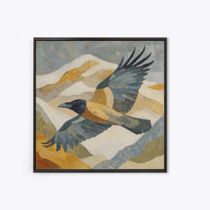 Raven Flying Through Snowy Mountains Framed Canvas Print, Wildlife Art, Painting, Living Room Decor, Watercolor Art, Wild, WIL-1x1-96