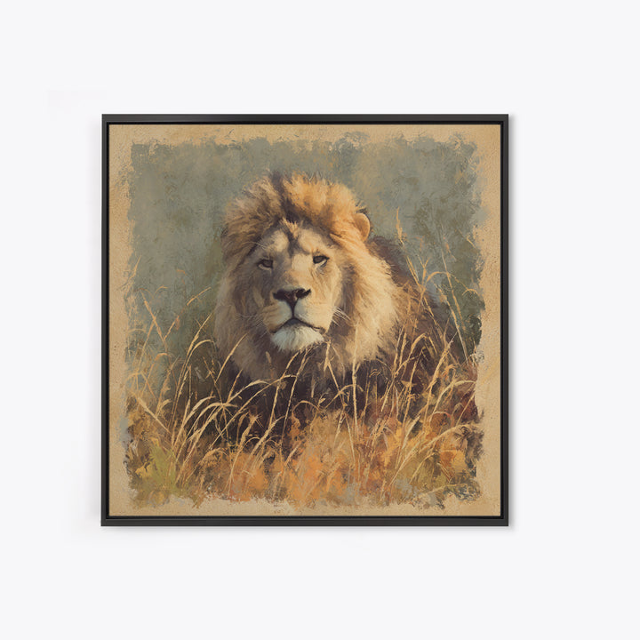 Lion Emerging from Golden Savanna Grass Canvas Print, Wildlife Art, Wall Art, Living Room Decor, Oil Painting, Wild, WIL-1x1-97
