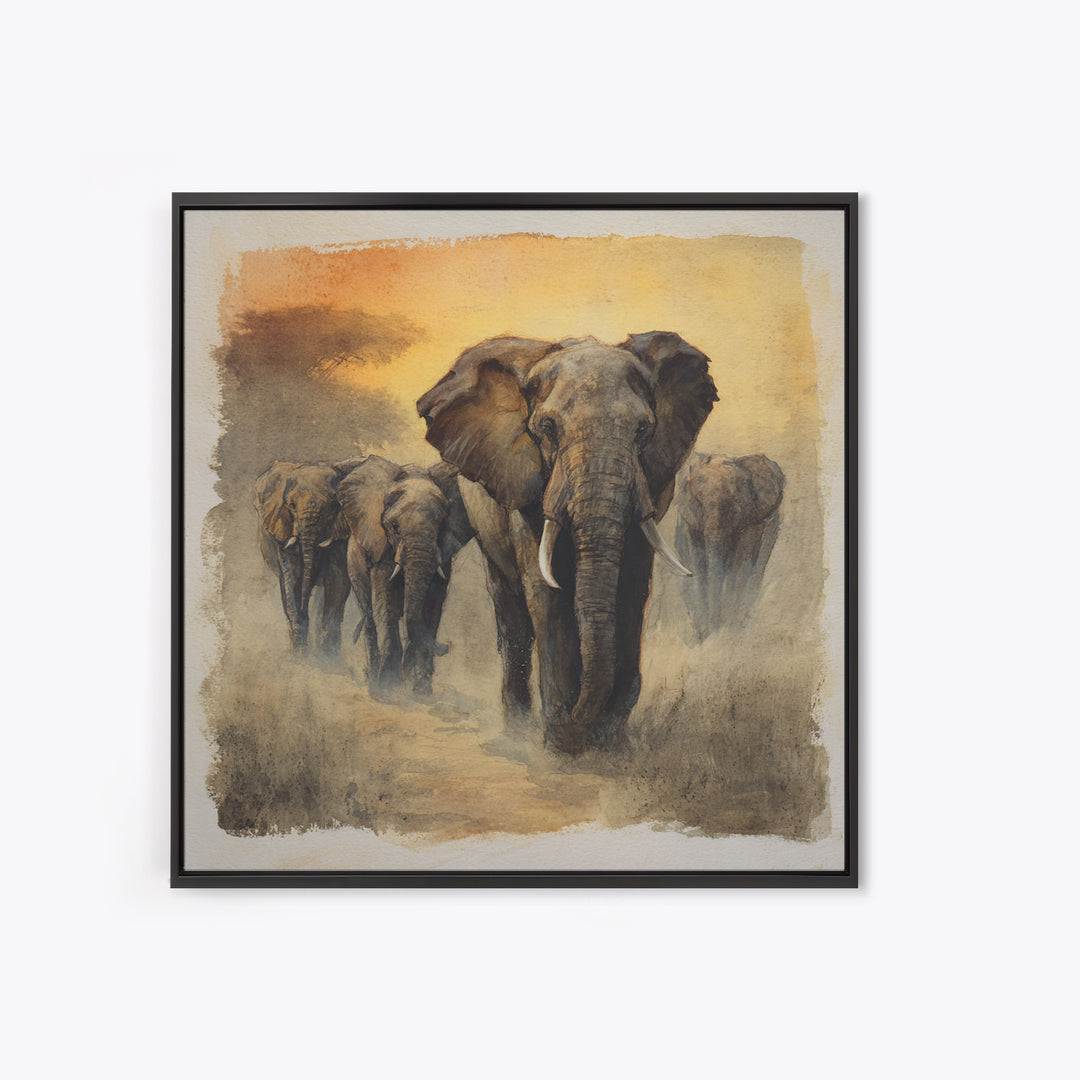 Elephant Herd Walking Through Dusty Sunset Canvas Print, Wildlife Art, Boho Decor, Living Room Decor, Fine Art, Wild, WIL-1x1-98