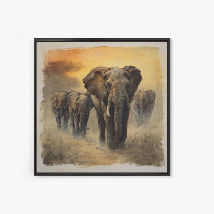 Elephant Herd Walking Through Dusty Sunset Canvas Print, Wildlife Art, Boho Decor, Living Room Decor, Fine Art, Wild, WIL-1x1-98