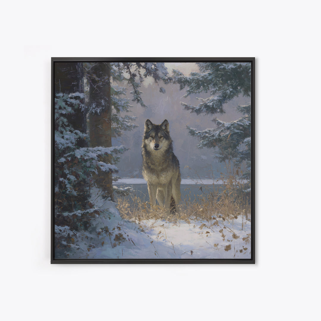 Wolf Standing Beneath Snowy Pine Trees Canvas Print, Wildlife Art, Wall Art, Living Room Decor, Fine Art, Wild, Modern Wall Art, WIL-1x1-99