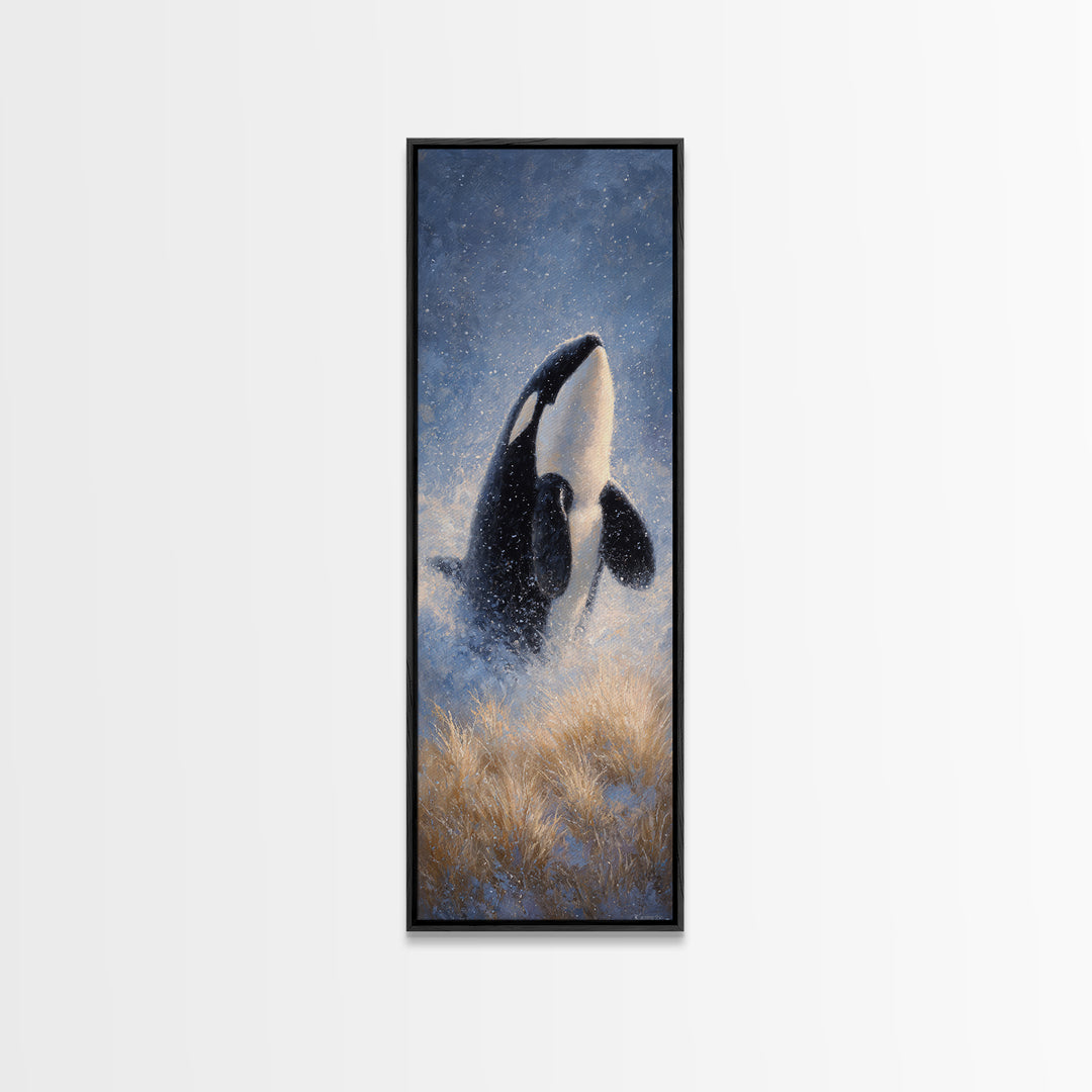 Orca Breaching in Cold Ocean Canvas Print, Wildlife Art, Modern Wall Art, Living Room Decor, Fine Art, Wild, Bird Wall Art, WIL-1x3-11