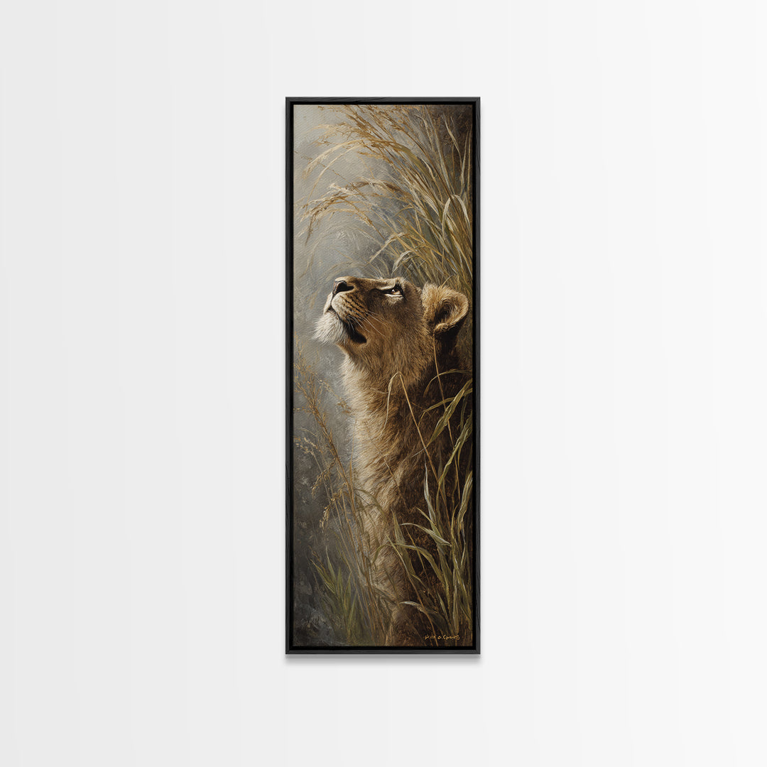 Lion Emerging from Golden Savanna Grass Canvas Print, Wildlife Art, Statement Artwork, Living Room Decor, Fine Art, Wild, WIL-1x3-13
