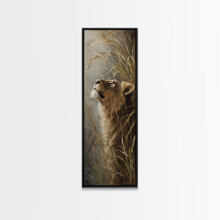 Lion Emerging from Golden Savanna Grass Canvas Print, Wildlife Art, Statement Artwork, Living Room Decor, Fine Art, Wild, WIL-1x3-13