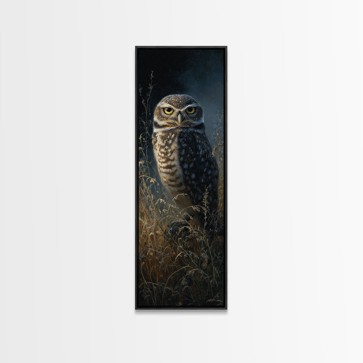 Owl Perched in Moonlit Woodland Framed Canvas Print, Wildlife Art, Art Print, Living Room Decor, Wild, Digital Wall Art, WIL-1x3-24