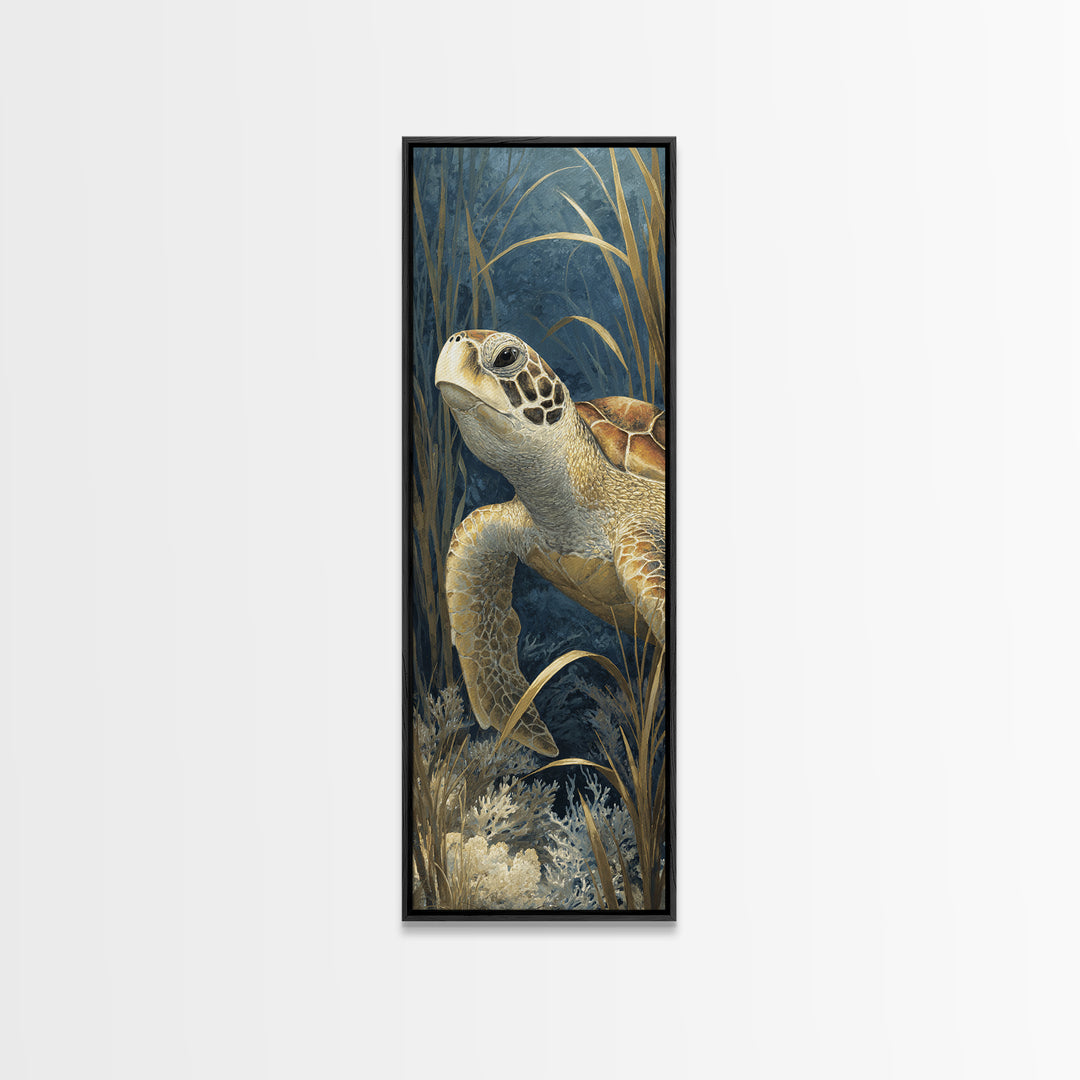 Sea Turtle over Coral Reef Framed Canvas Print, Wildlife Art, Canvas Painting, Living Room Decor, Oil Painting, Wild, WIL-1x3-30