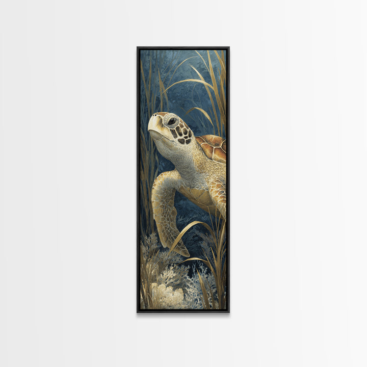 Sea Turtle over Coral Reef Framed Canvas Print, Wildlife Art, Canvas Painting, Living Room Decor, Oil Painting, Wild, WIL-1x3-30