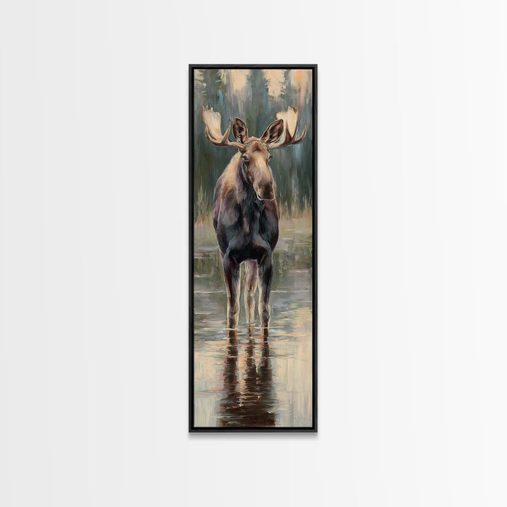 Moose Standing in Reflective Lake Framed Canvas Print, Wildlife Art, Wall Hangings, Living Room Decor, Watercolor Art, Wild, WIL-1x3-31