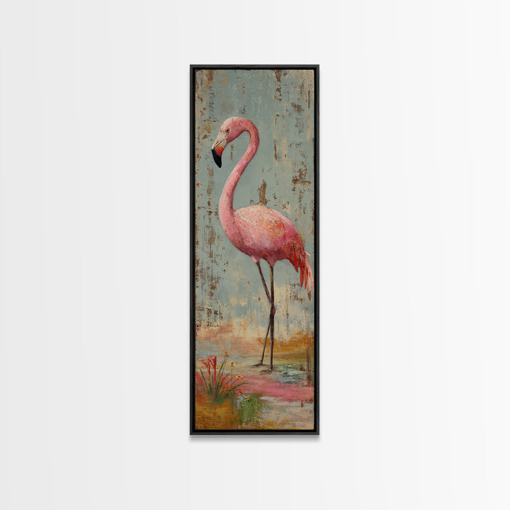 Flamingos in Pink Shallow Water Framed Canvas Print, Wildlife Art, Bird Wall Art, Living Room Decor, Watercolor Art, Wild, WIL-1x3-34