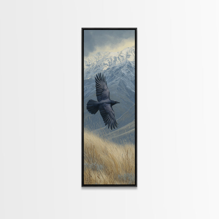 Raven Flying Through Snowy Mountains Framed Canvas Print, Wildlife Art, Living Room Decor, Watercolor Art, Wild, WIL-1x3-36