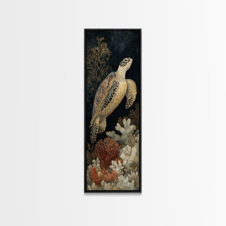Sea Turtle over Coral Reef Framed Canvas Print, Wildlife Art, Canvas Painting, Living Room Decor, Oil Painting, Wild, WIL-1x3-54