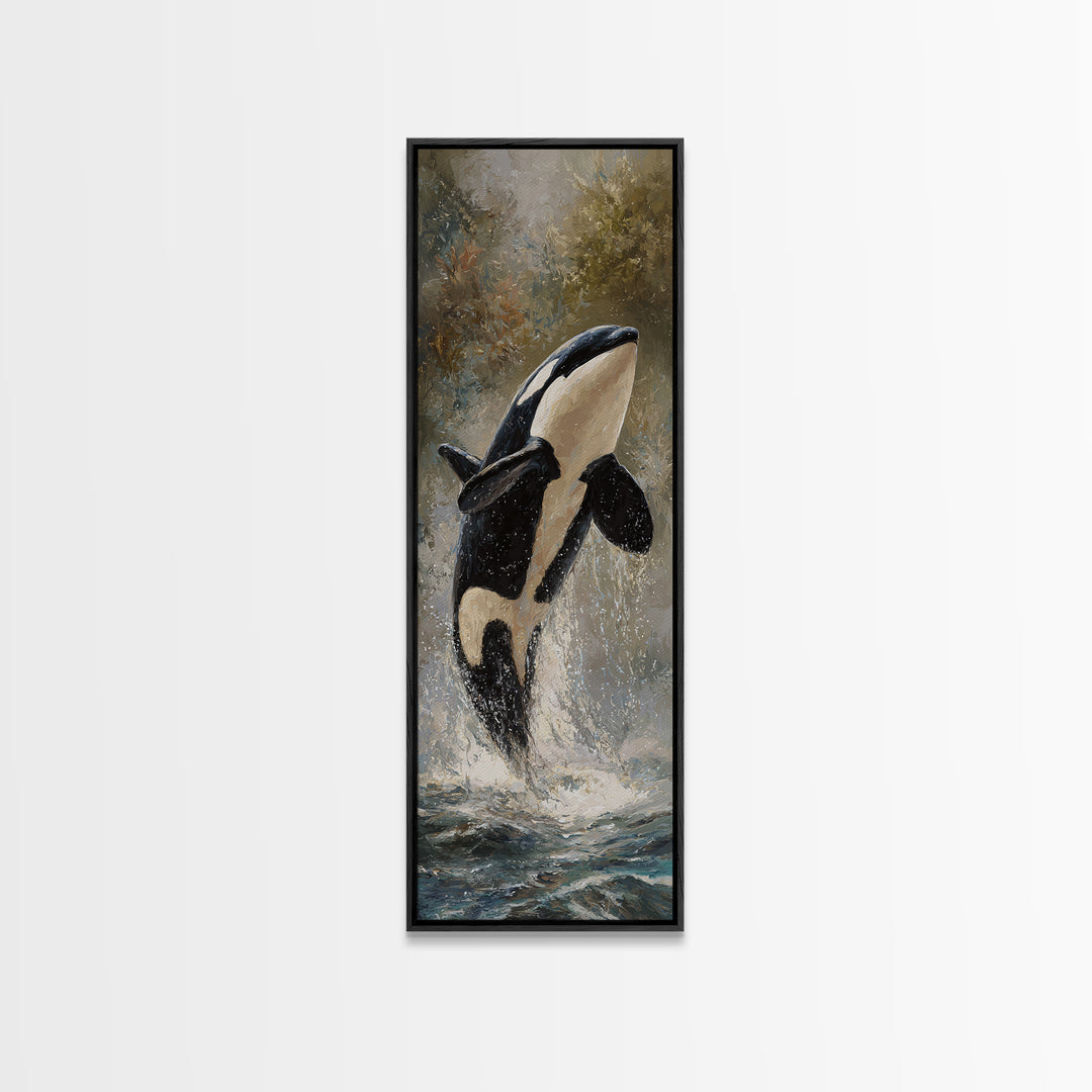 Orca Breaching in Cold Ocean Canvas Print, Wildlife Art, Wall Art Print, Living Room Decor, Oil Painting, Wild, Canvas Painting, WIL-1x3-59