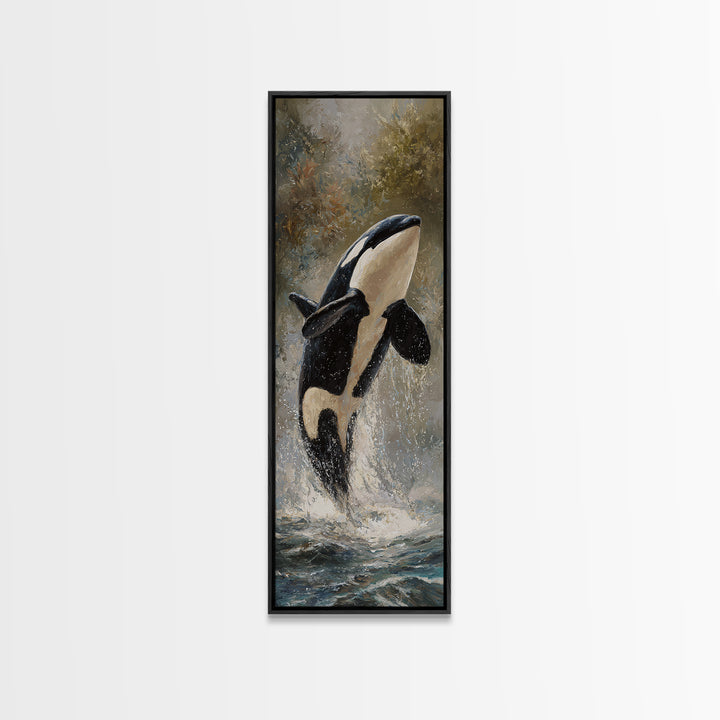 Orca Breaching in Cold Ocean Canvas Print, Wildlife Art, Wall Art Print, Living Room Decor, Oil Painting, Wild, Canvas Painting, WIL-1x3-59