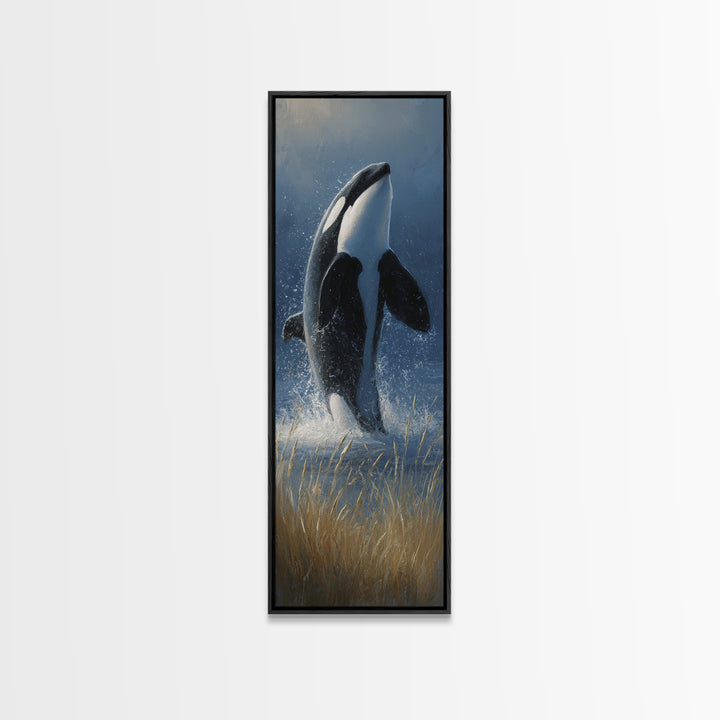 Orca Breaching in Cold Ocean Framed Canvas Print, Wildlife Art, Bird Art, Living Room Decor, Fine Art, Wild, Original Artwork, WIL-1x3-83