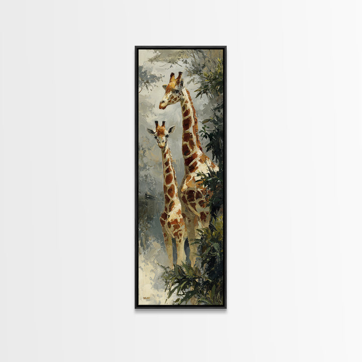 Giraffe Pair under Acacia Tree Framed Canvas Print, Wildlife Art, Bird Wall Art, Living Room Decor, Oil Painting, Wild, WIL-1x3-91