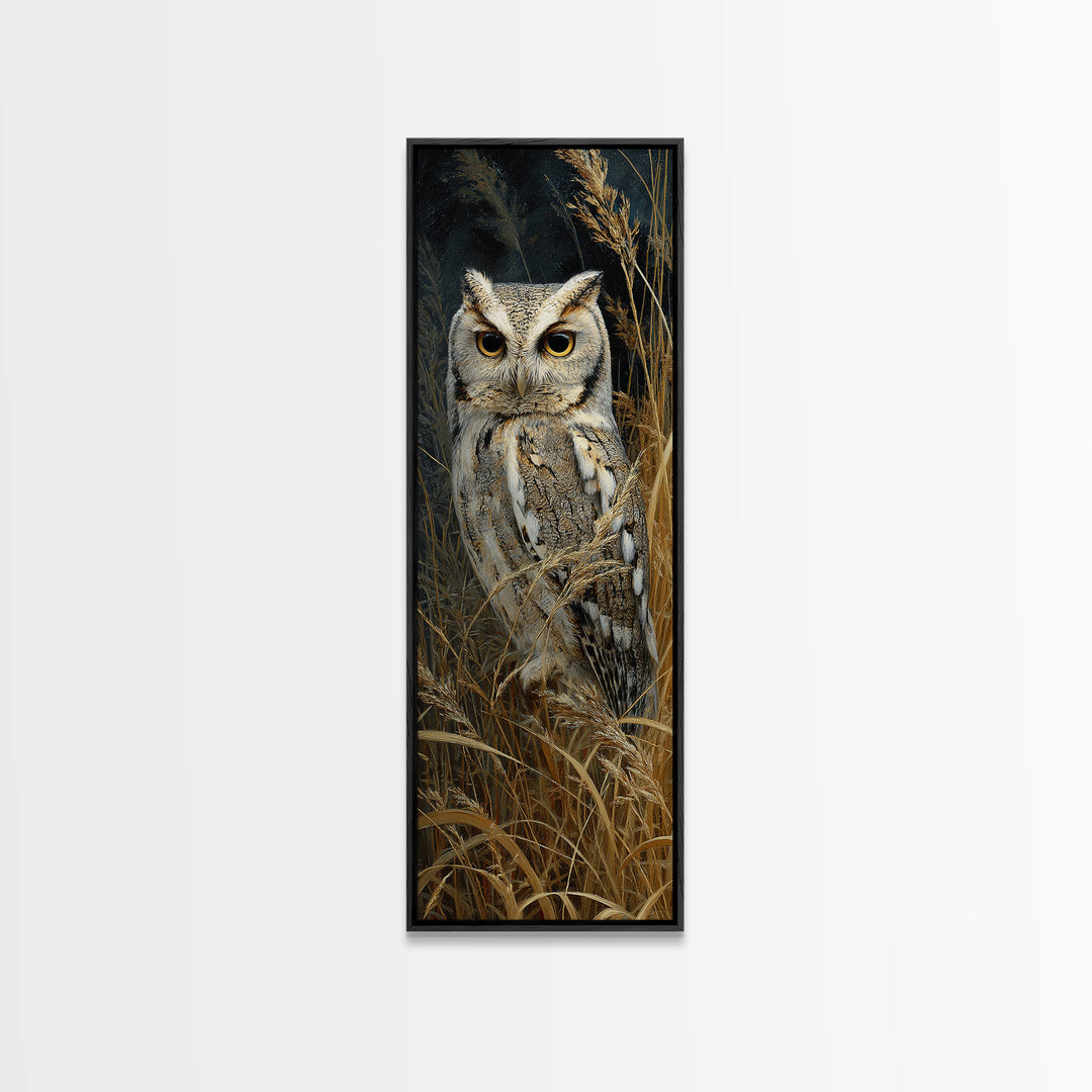 Owl Perched in Moonlit Woodland Framed Canvas Print, Wildlife Art, Bird Art, Living Room Decor, Abstract Art, Wild, WIL-1x3-96