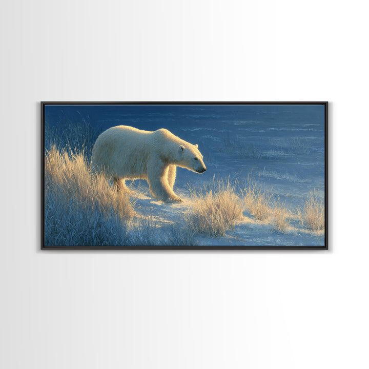 Polar Bear Crossing Blue Ice Framed Canvas Print, Wildlife Art, Bedroom Wall Art, Living Room Decor, Wild, Gallery Decor, WIL-2x1-11