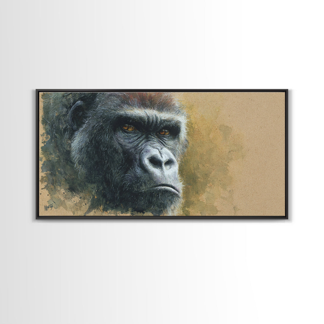Gorilla Portrait with Powerful Gaze Framed Canvas Print, Wildlife Art, Minimalist Decor, Living Room Decor, Oil Painting, Wild, WIL-2x1-13