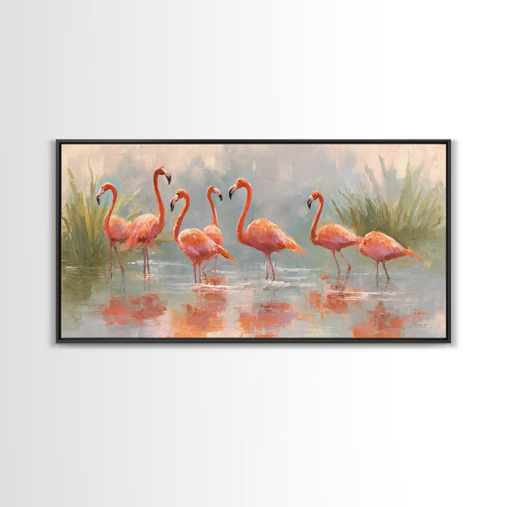 Flamingos in Pink Shallow Water Framed Canvas Print, Wildlife Art, Statement Artwork, Living Room Decor, Fine Art, Wild, WIL-2x1-18