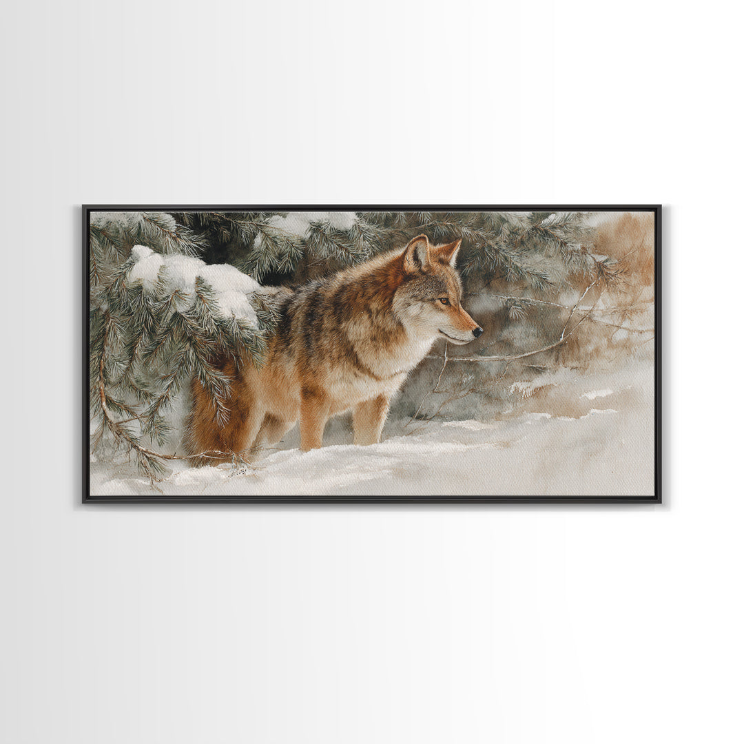 Wolf Standing Beneath Snowy Pine Trees Framed Canvas Print, Wildlife Art, Oil Painting, Living Room Decor, Watercolor Art, Wild, WIL-2x1-23