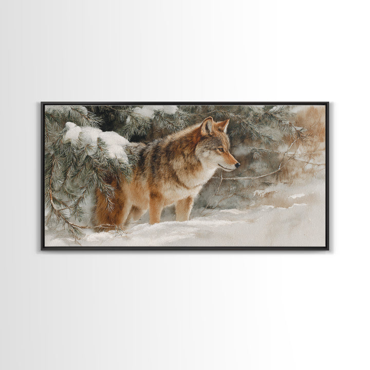 Wolf Standing Beneath Snowy Pine Trees Framed Canvas Print, Wildlife Art, Oil Painting, Living Room Decor, Watercolor Art, Wild, WIL-2x1-23