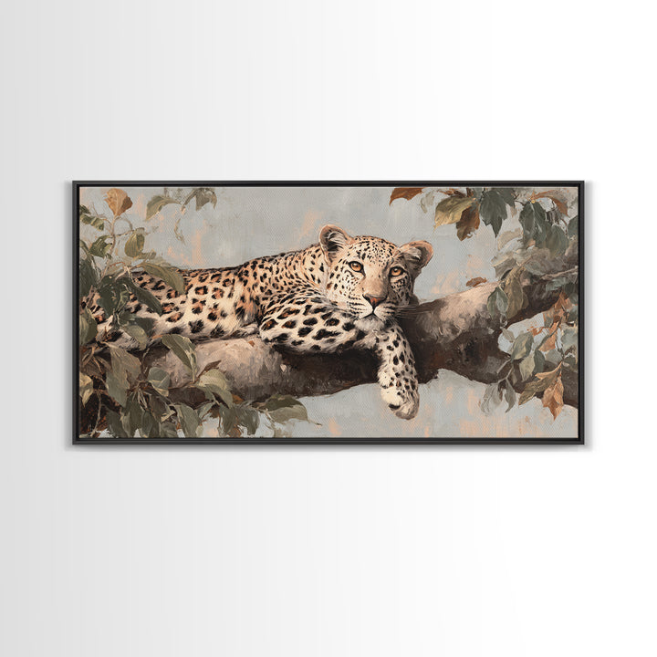 Leopard Resting on Tree Branch Framed Canvas Print, Wildlife Art, Art Print, Living Room Decor, Watercolor Art, Wild, WIL-2x1-34