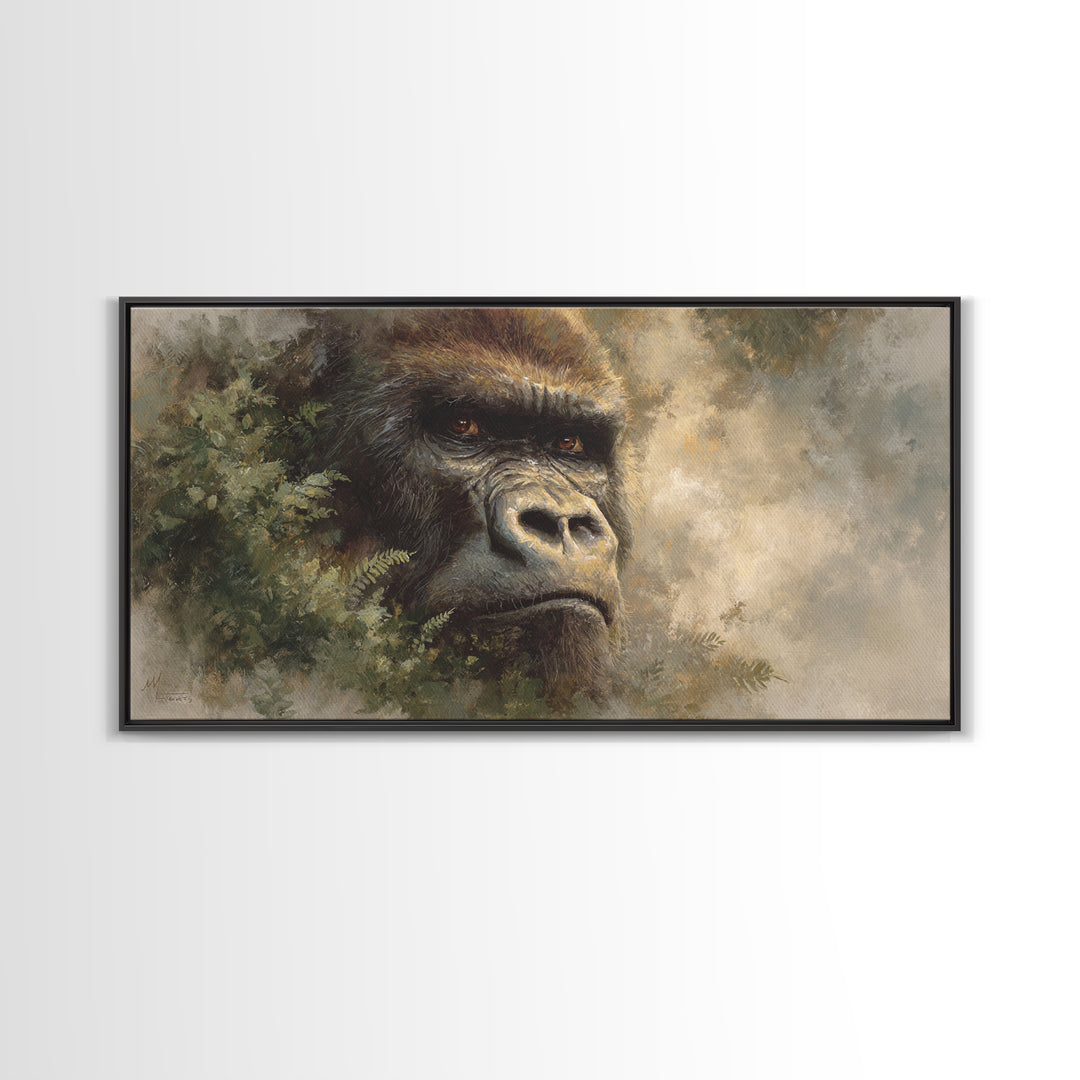 Gorilla Portrait with Powerful Gaze Framed Canvas Print, Wildlife Art, Minimalist Decor, Living Room Decor, Oil Painting, Wild, WIL-2x1-37