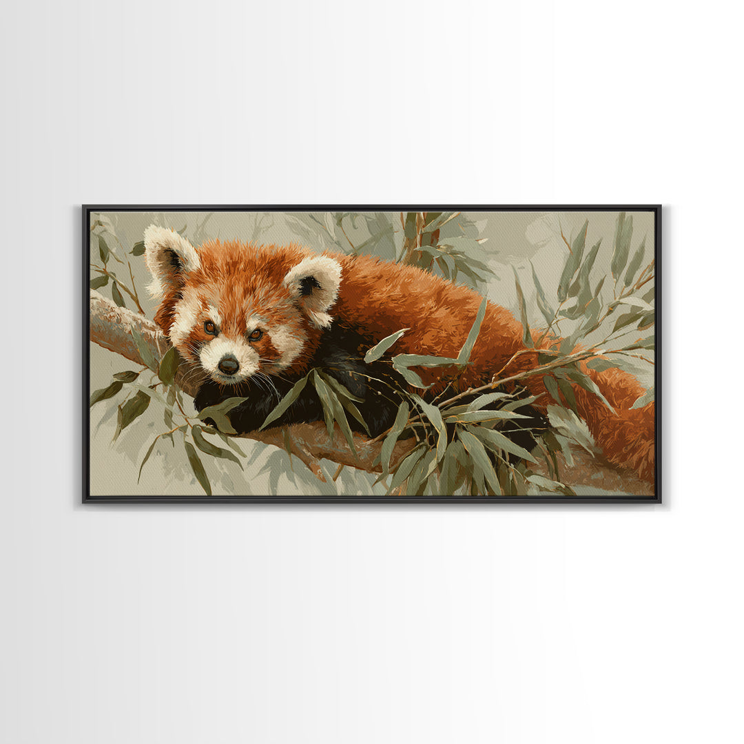 Red Panda Among Bamboo Leaves Framed Canvas Print, Wildlife Art, Home Decor, Living Room Decor, Fine Art, Wild, Boho Wall Decor, WIL-2x1-40